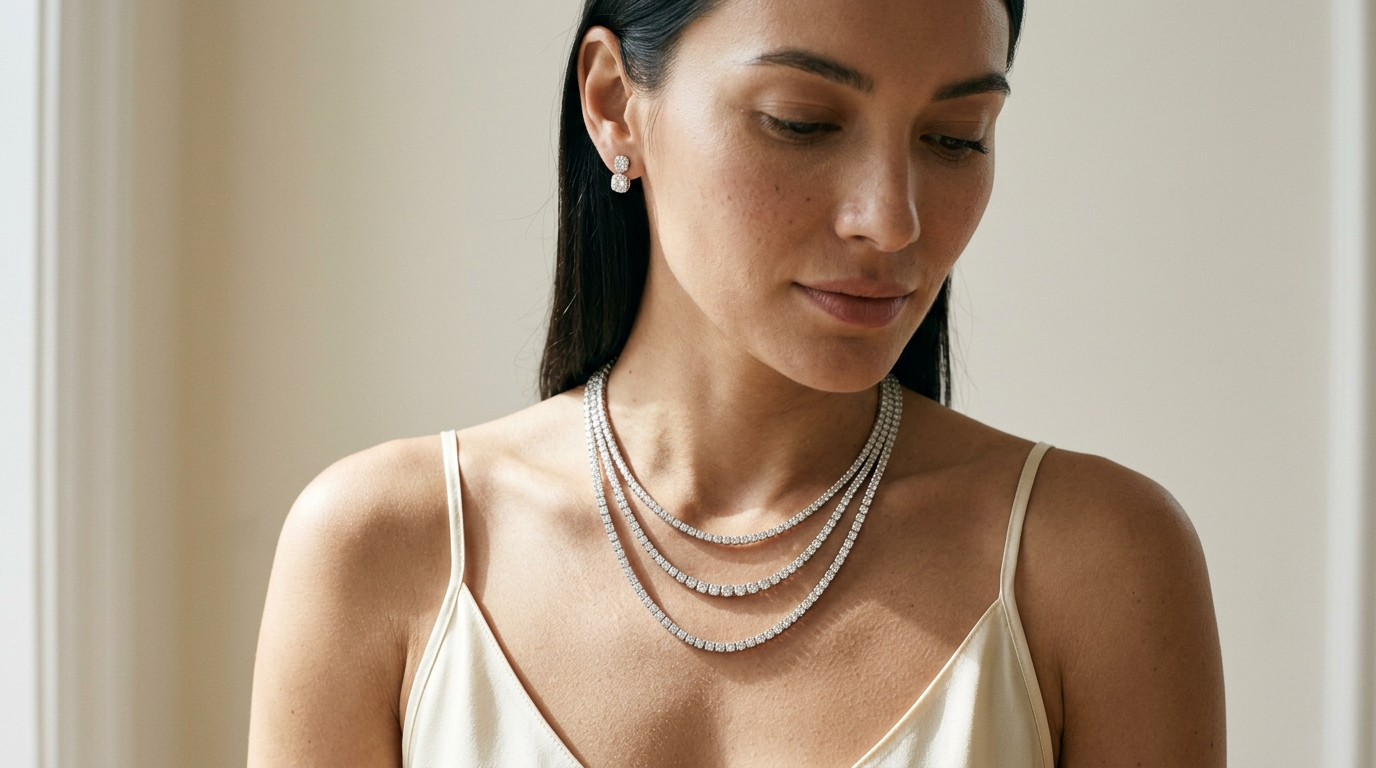 Woman wearing three layered lab-grown diamond tennis necklaces of varying lengths