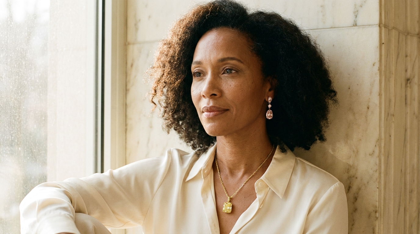 Woman wearing colored lab grown diamond jewelry — canary yellow pendant necklace and blush pink drop earrings