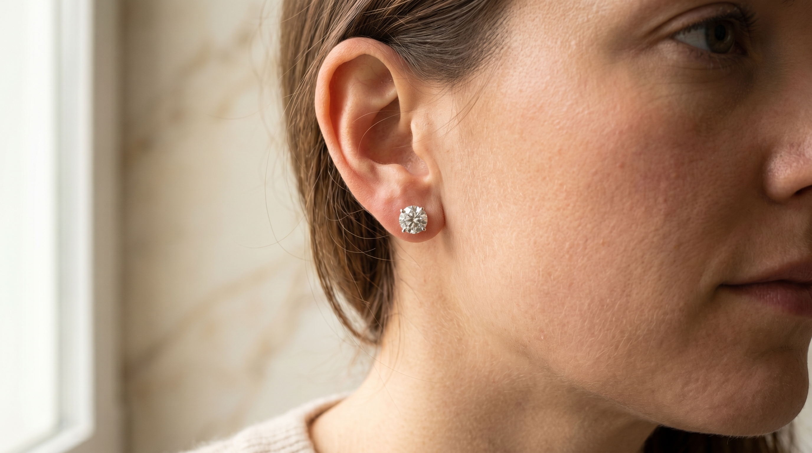 Close-up of lab-grown diamond stud earring on woman's ear, 2026 diamond stud buyer's guide
