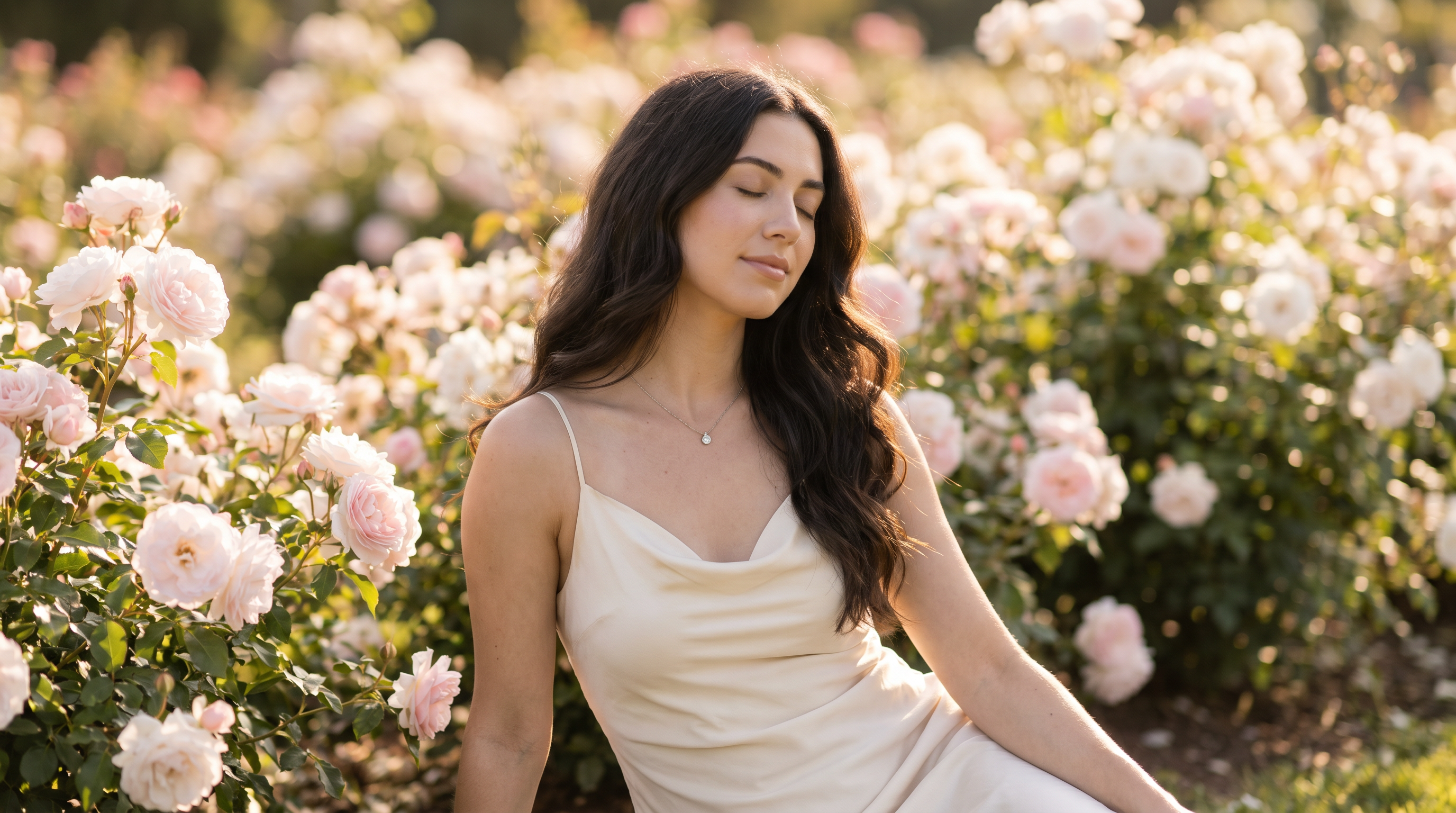 Woman wearing lab-grown diamond pendant in June rose garden, modern June birthstone gift