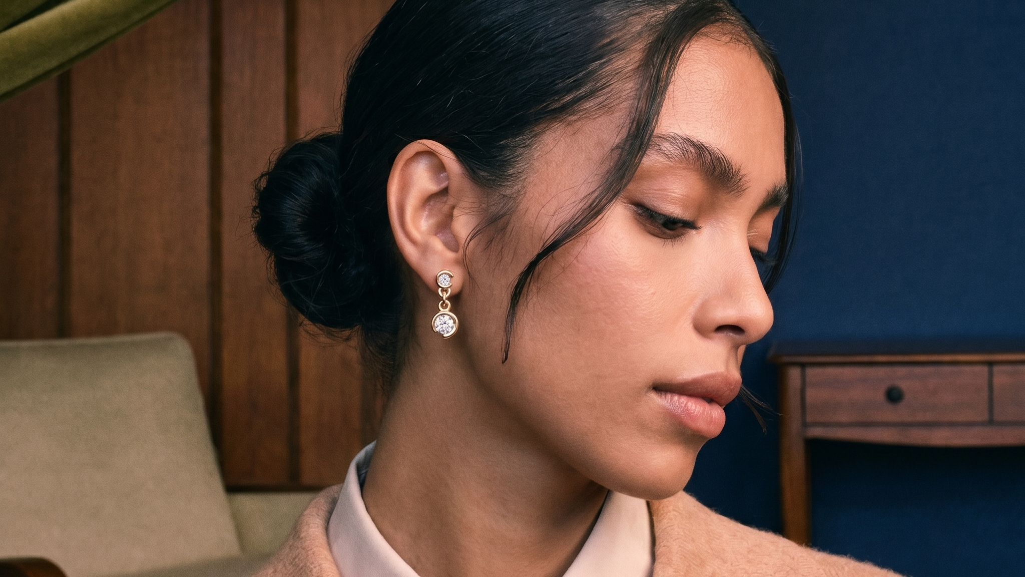 Rose gold jewelry styling: lab grown diamond drop earrings in solid gold worn with warm blush tones in soft natural light