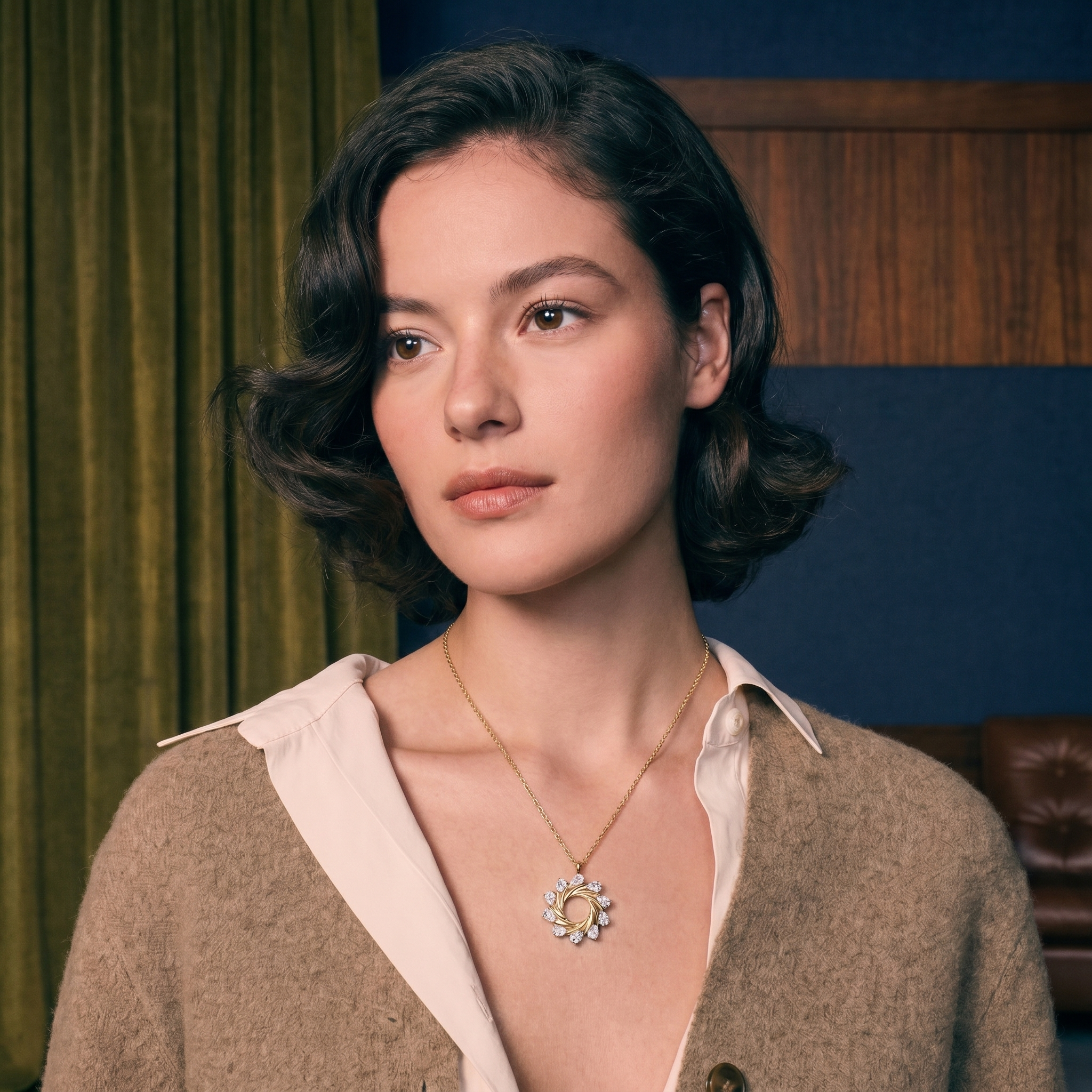 Diamond charm necklace layered on a woman's decolletage in solid gold, soft natural light