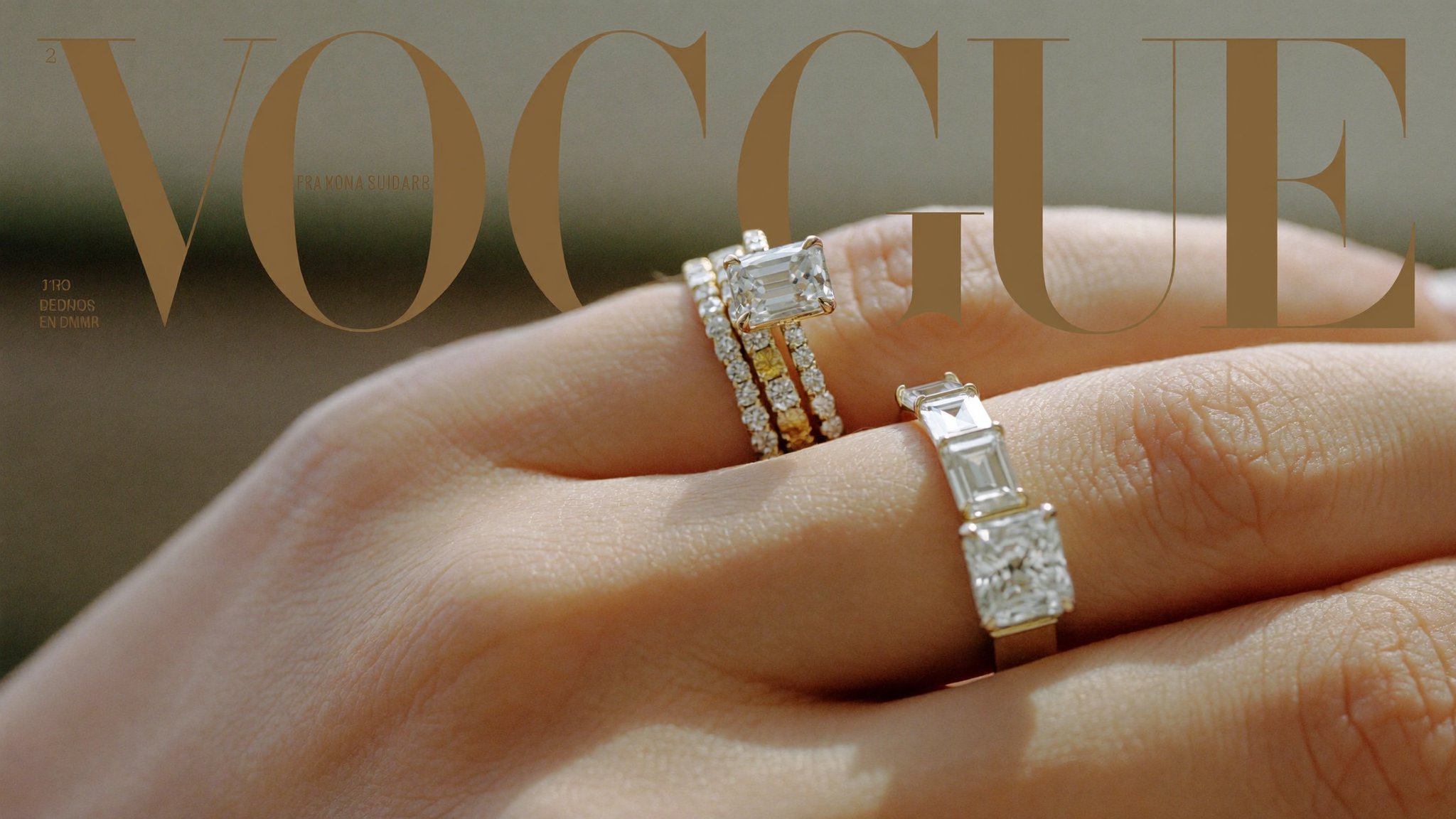 A stack of slim lab-grown diamond eternity bands in solid gold resting on a hand in soft window light