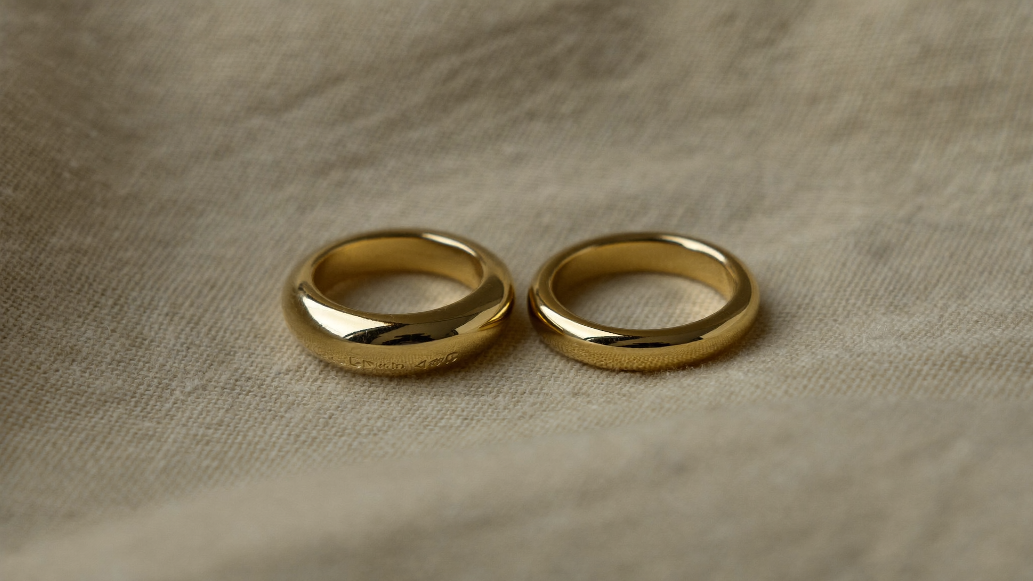 Two solid gold rings side by side in warm natural light, one a richer deep gold tone and one a lighter classic gold tone