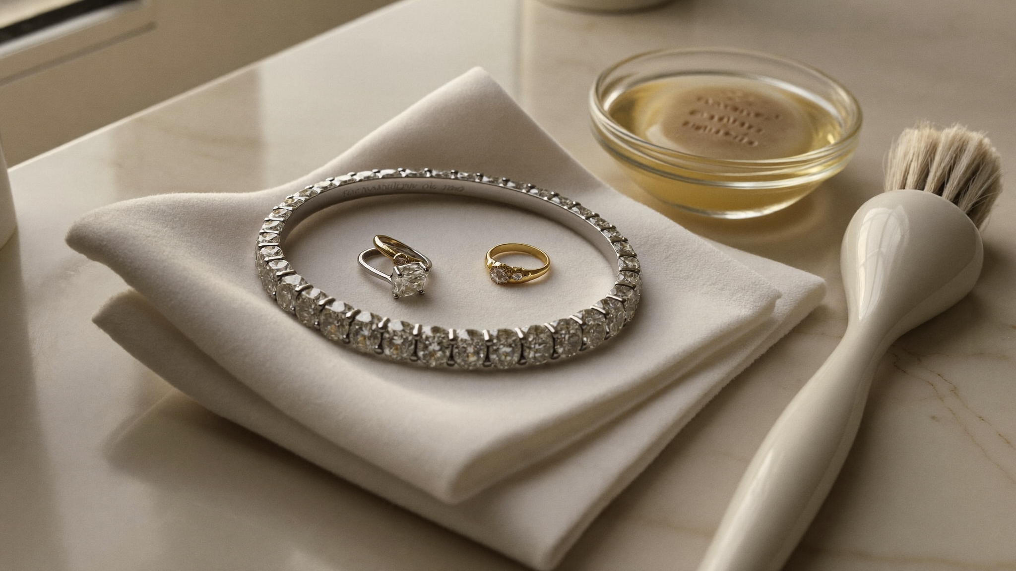 How to clean diamond jewelry at home: a lab-grown diamond tennis bracelet and gold rings beside a soft brush and soapy water on marble