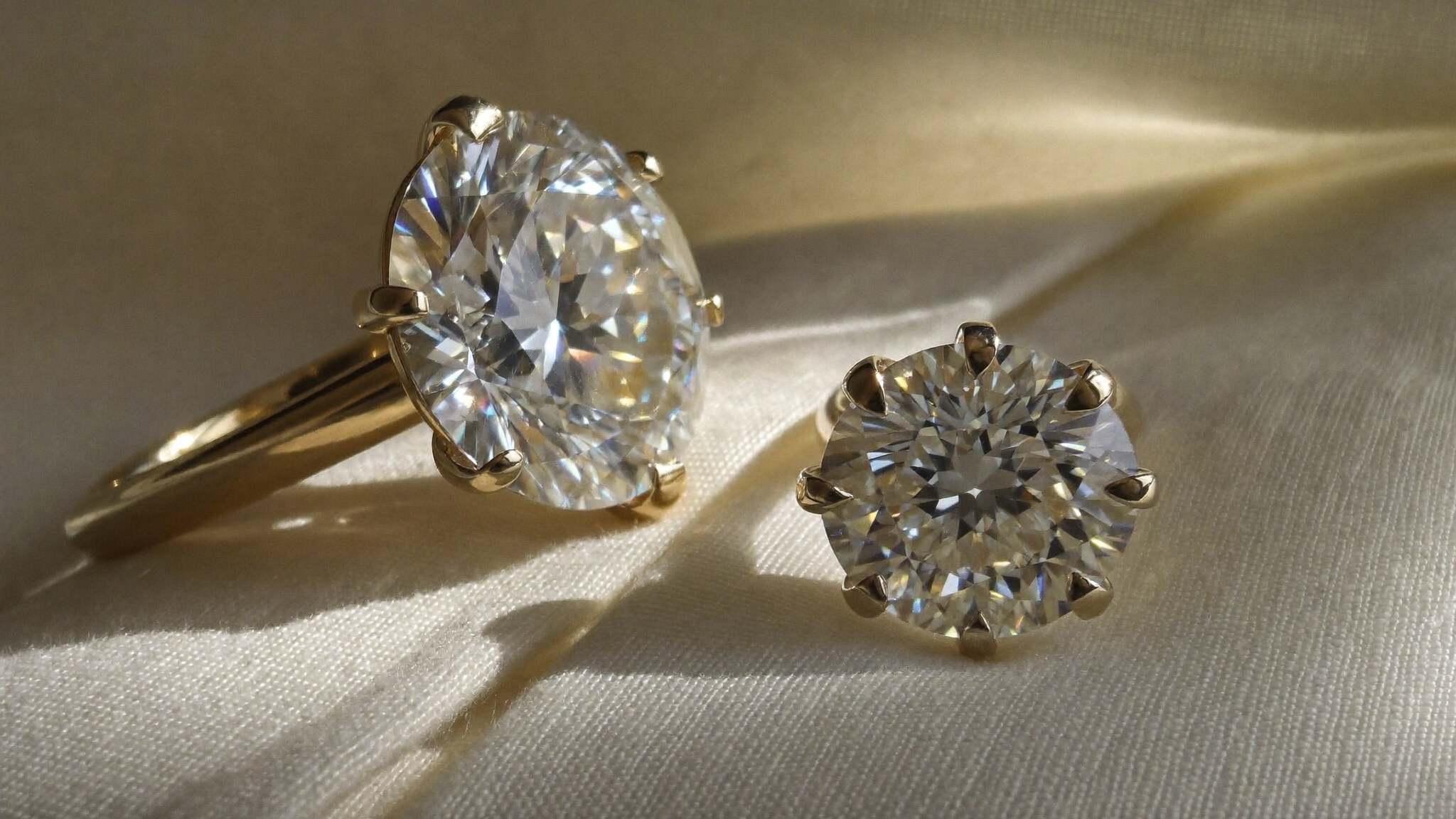 Lab grown vs natural diamonds compared: a round lab-grown diamond solitaire ring in solid gold resting on cream silk in soft natural light