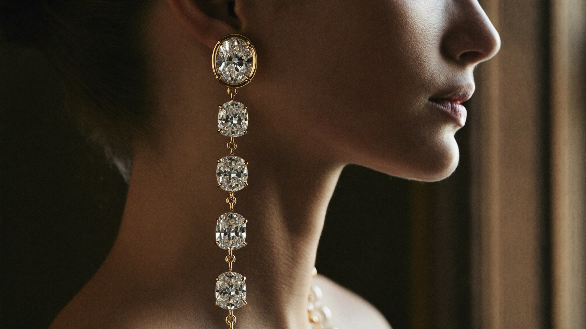 Close-up of a woman wearing a long solid gold lab-grown diamond drop earring in warm golden light, old Hollywood glamour