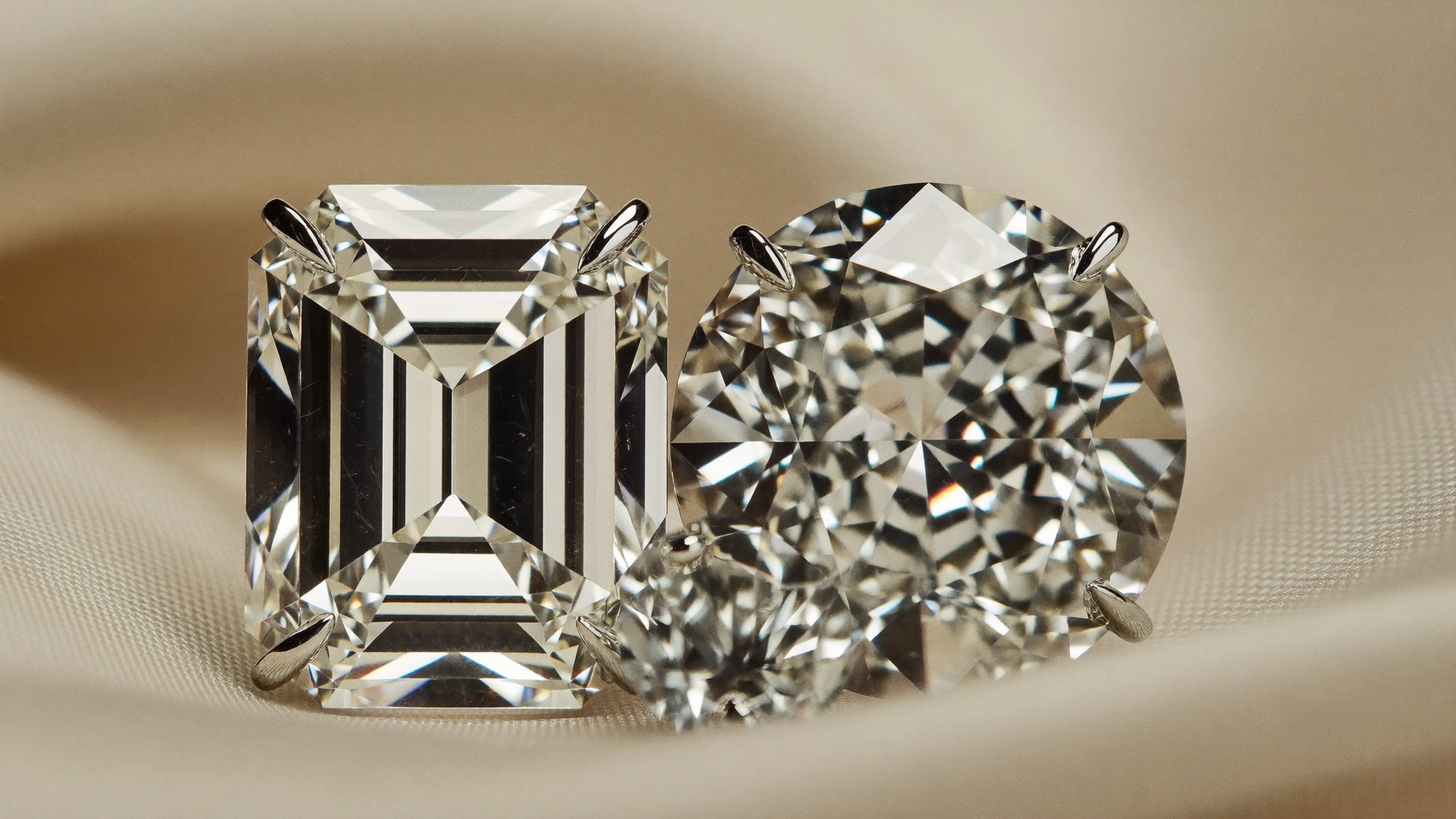 Emerald-cut and round lab-grown diamonds on silk illustrating the diamond clarity chart in natural light