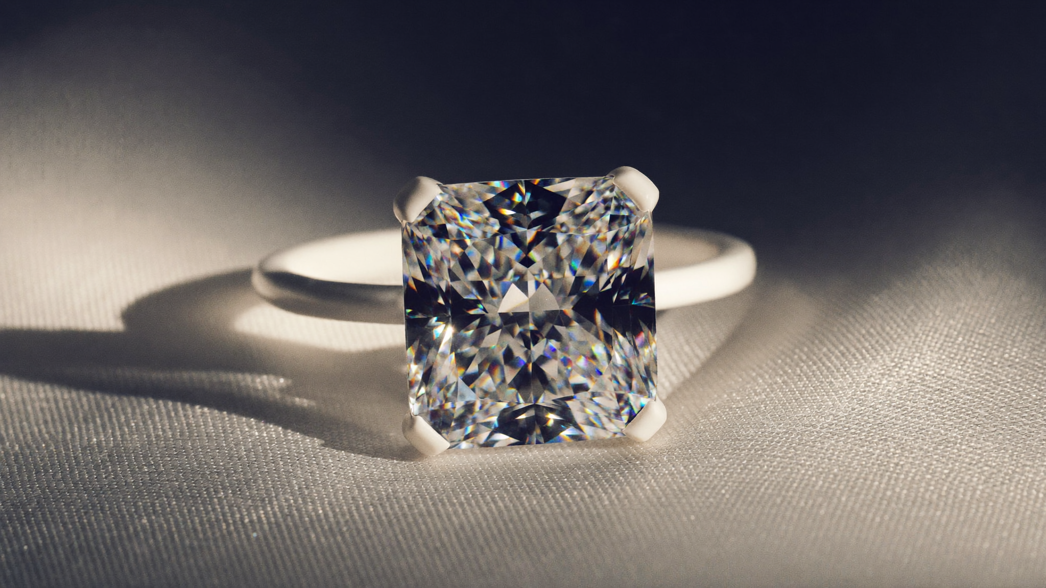 Princess cut diamond solitaire ring in white gold on pale grey silk