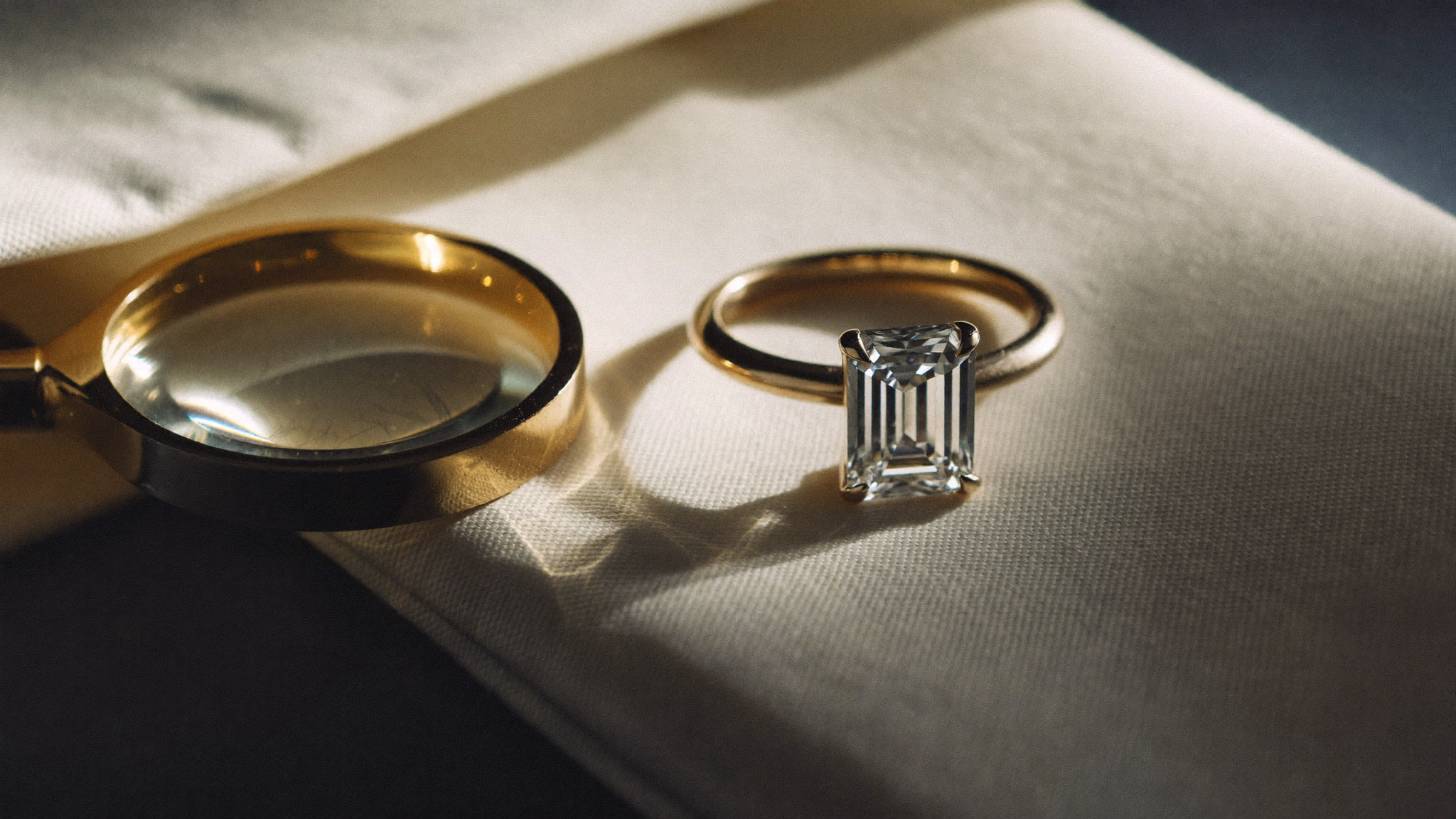 Emerald cut lab grown diamond ring beside a jeweler's loupe on linen, lab grown diamond clarity guide