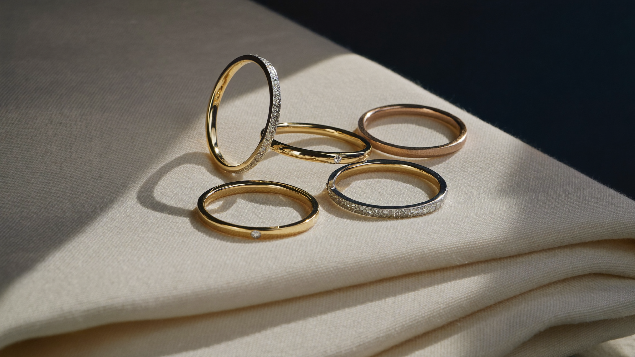 Slim 14k and 18k solid gold diamond eternity bands resting on cream linen in natural window light