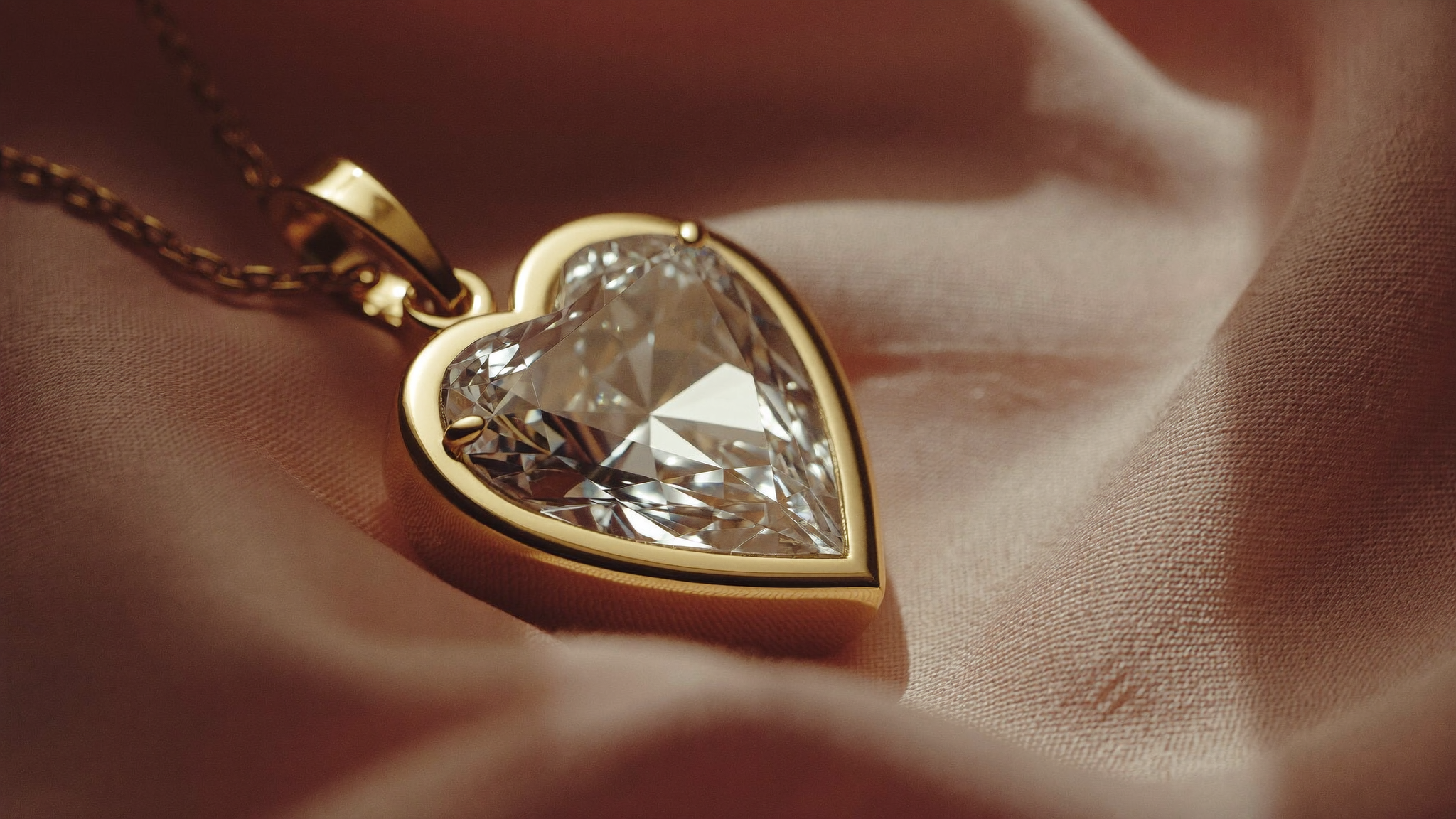 Heart shaped diamond pendant in solid yellow gold on blush silk in warm natural light