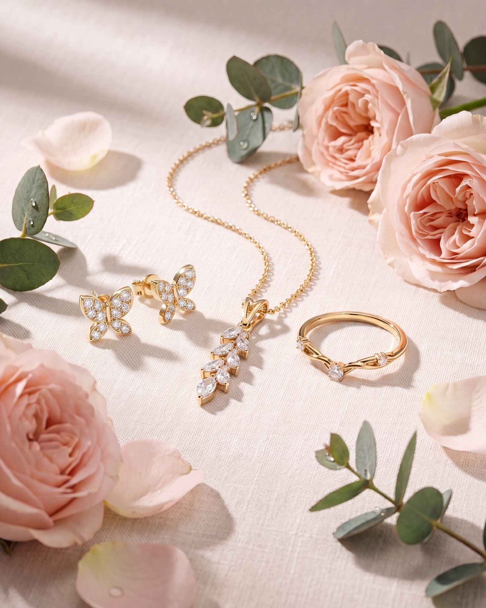 Bloom Collection: diamond butterfly stud earrings, marquise-leaf diamond pendant and diamond vine ring on cream linen with blush roses
