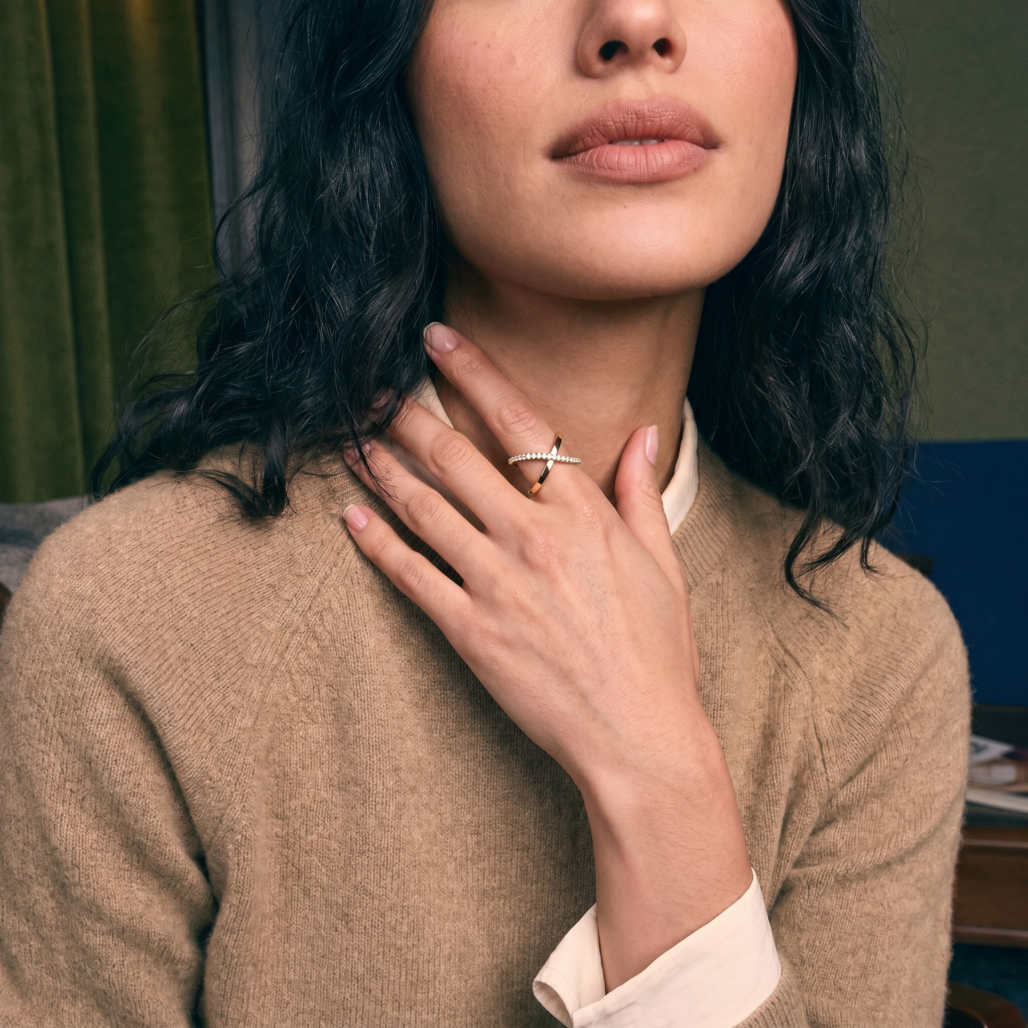 Kismet Diamond Crossover Ring worn | Roomy's Jewellery