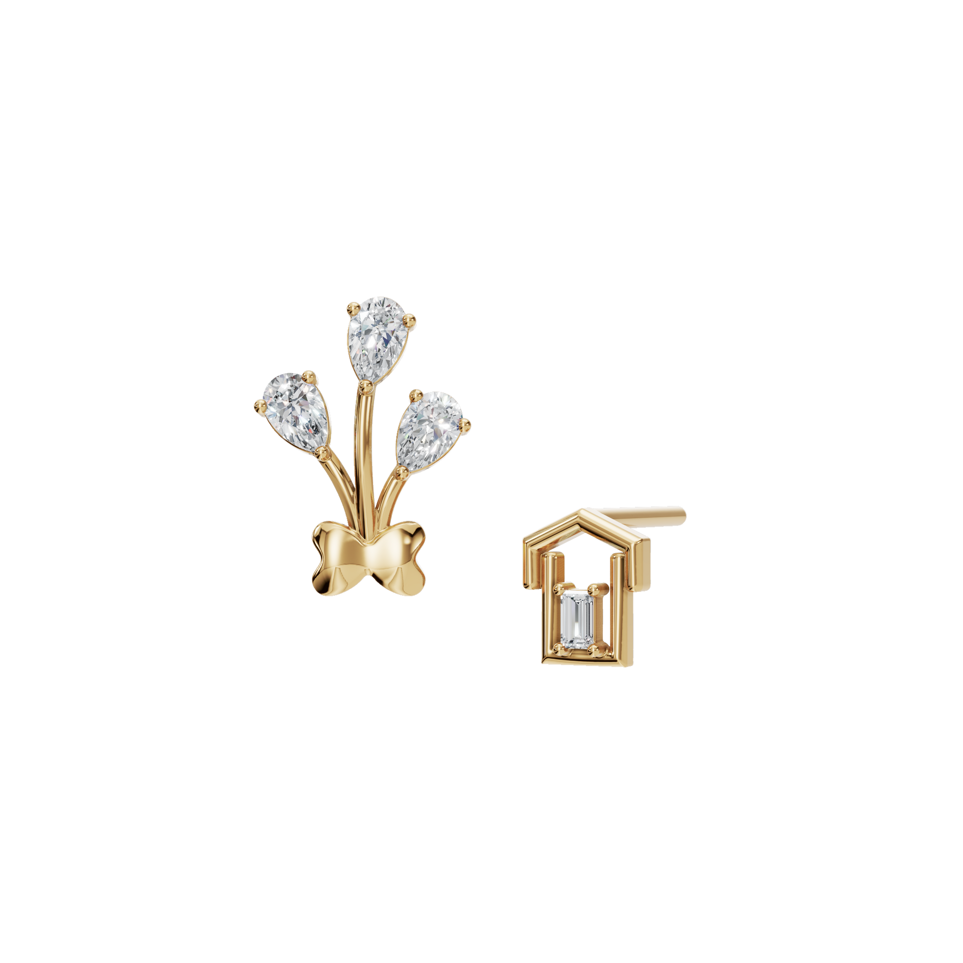 Blossom Grace Mismatched Diamond Earrings in Yellow Gold | Lab Grown | Roomy's Jewelery