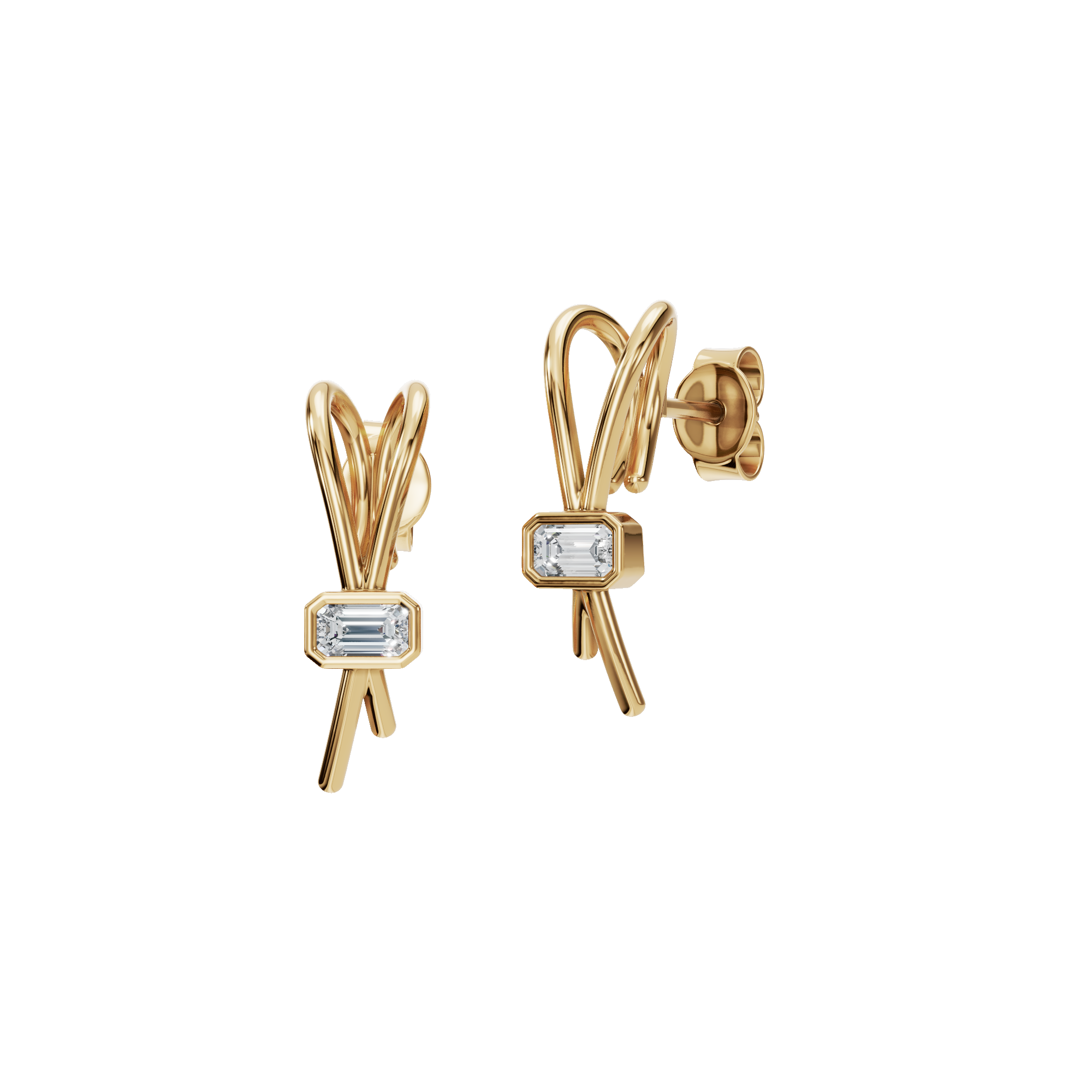 Emerald Ribbon Diamond Stud Earrings in Yellow Gold | Lab Grown | Roomy's Jewelery