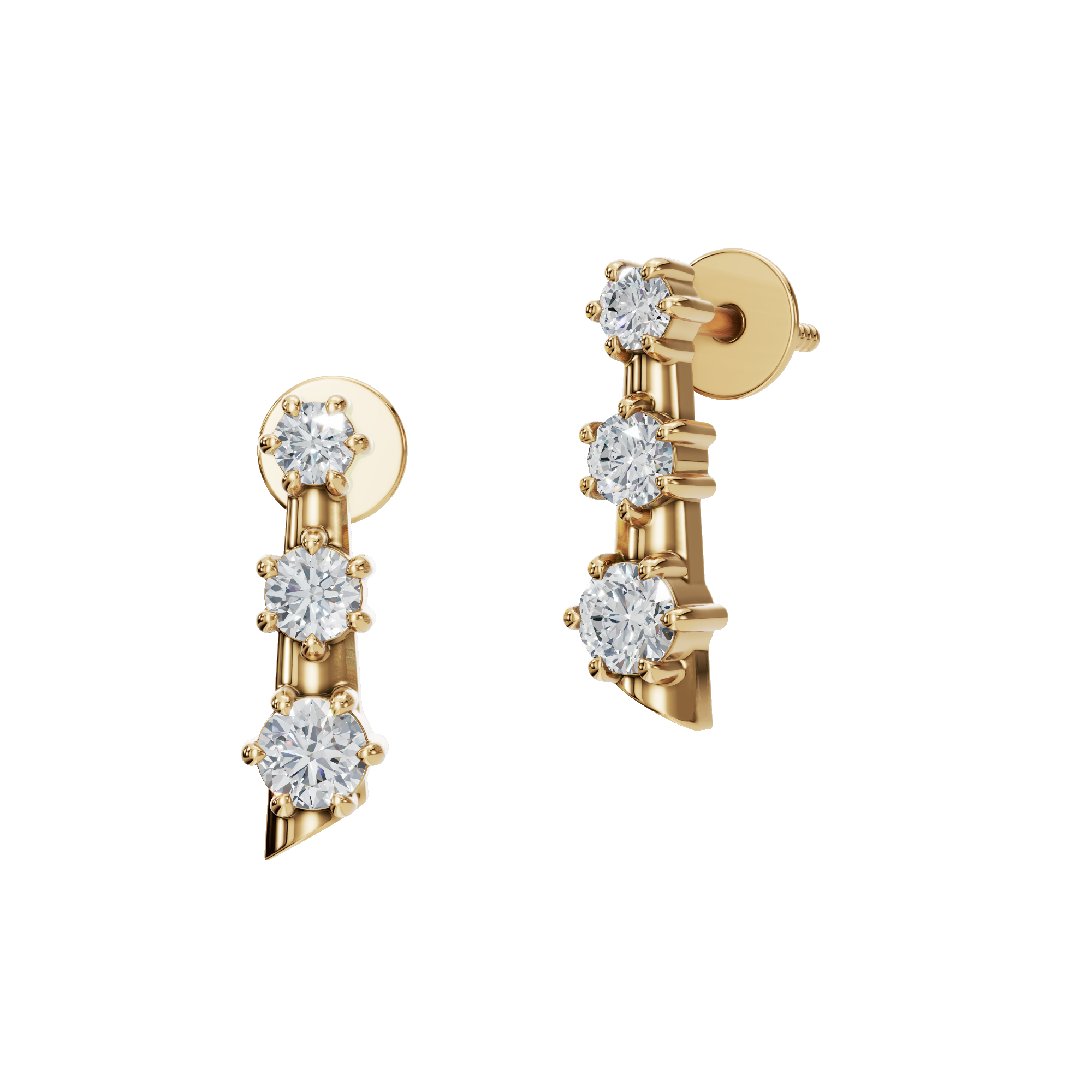 Three Stone Step Fashion Diamond Stud Earrings in Yellow Gold | Lab Grown | Roomy's Jewelery