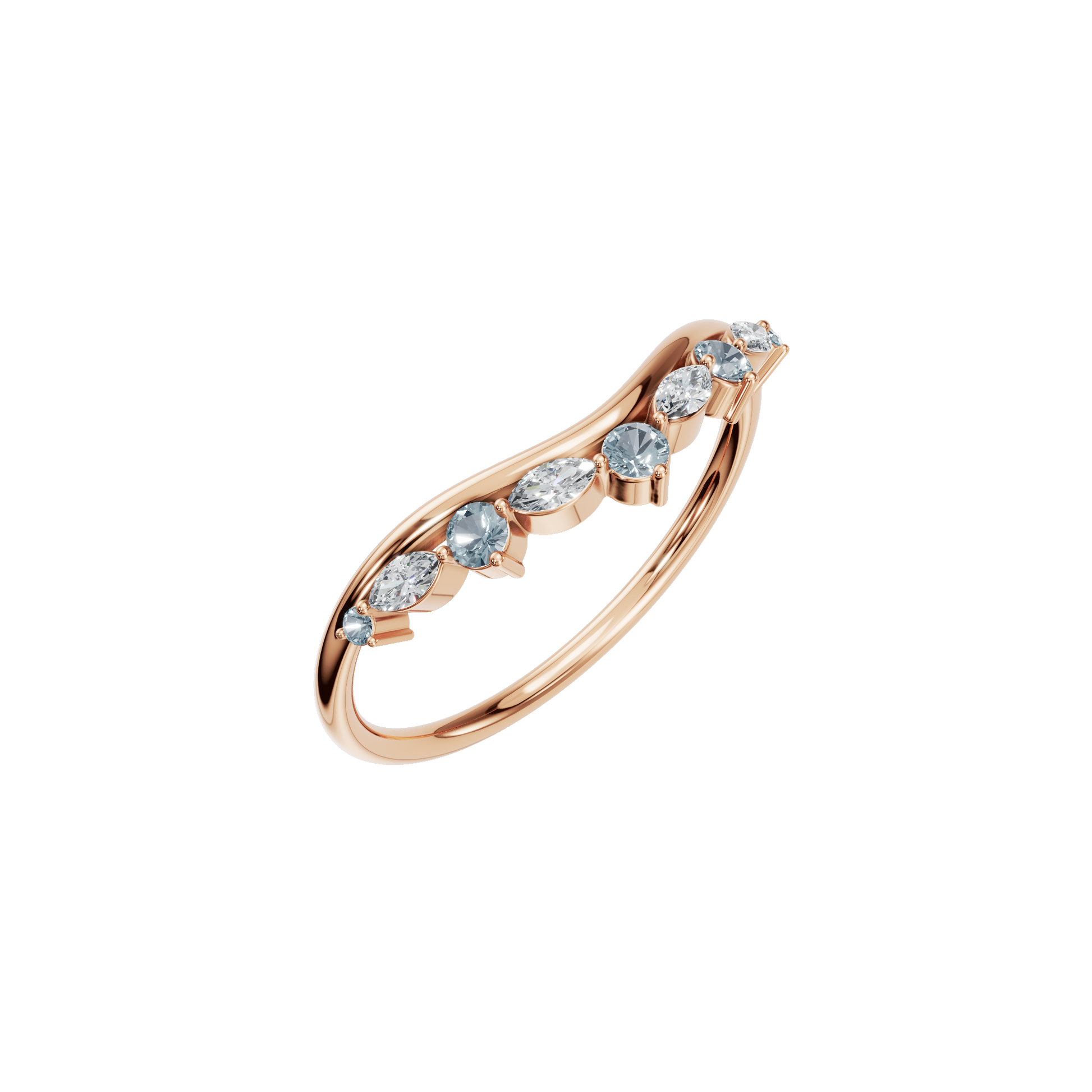 Aqua Arc Diamond Marquise Ring in Rose Gold angled view | Roomy's Jewellery