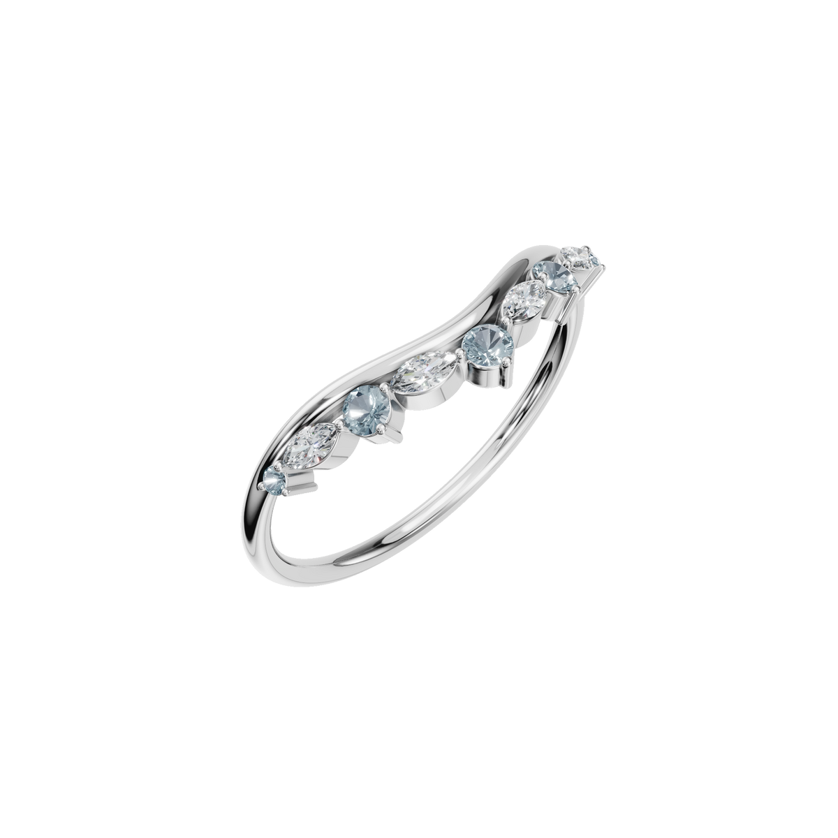 Aqua Arc Diamond Marquise Ring in White Gold angled view | Roomy's Jewellery