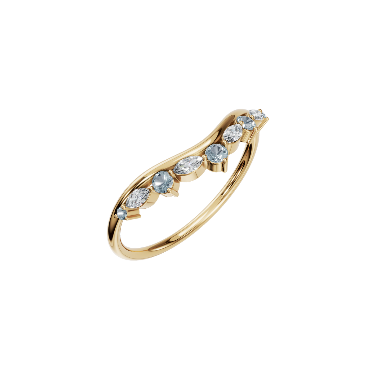 Aqua Arc Diamond Marquise Ring in Yellow Gold angled view | Roomy's Jewellery