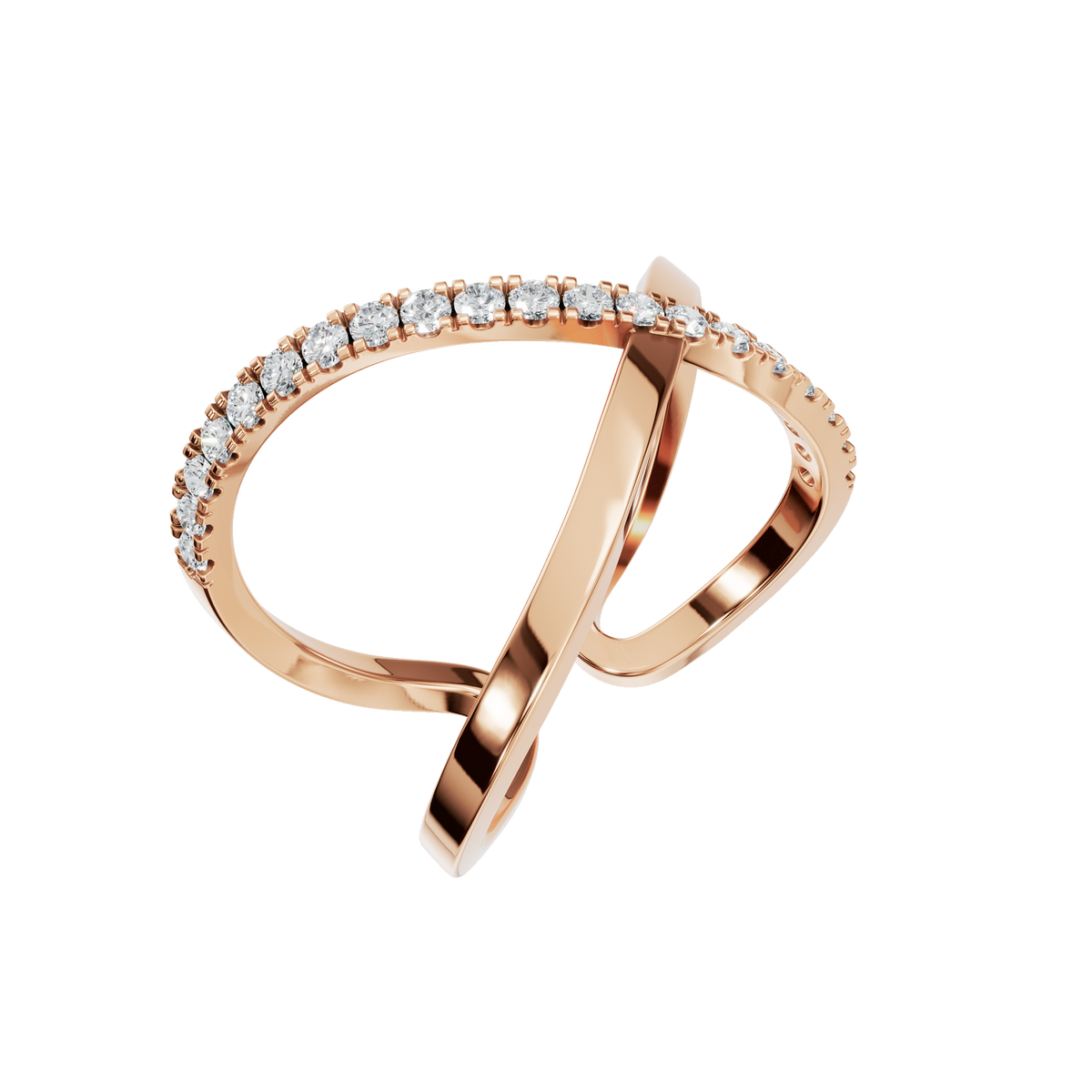 Kismet Diamond Crossover Ring in Rose Gold angled view | Roomy's Jewellery