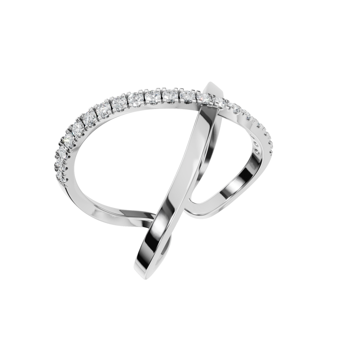Kismet Diamond Crossover Ring in White Gold angled view | Roomy's Jewellery