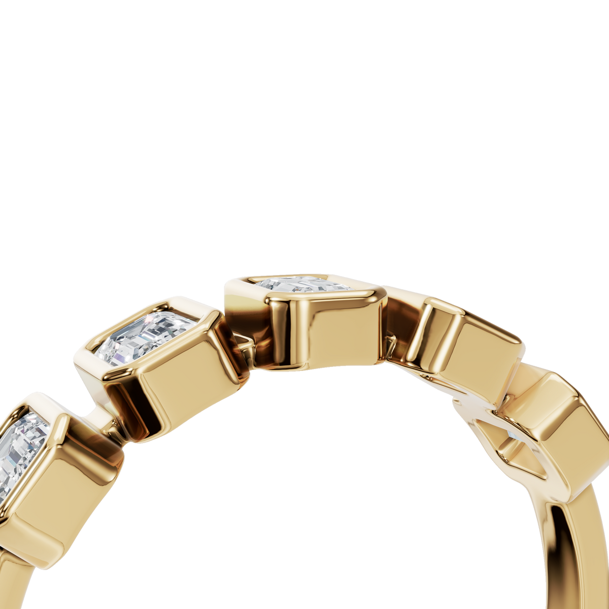 Prism Emerald Diamond Eternity Band in Yellow Gold angled view | Roomy's Jewellery