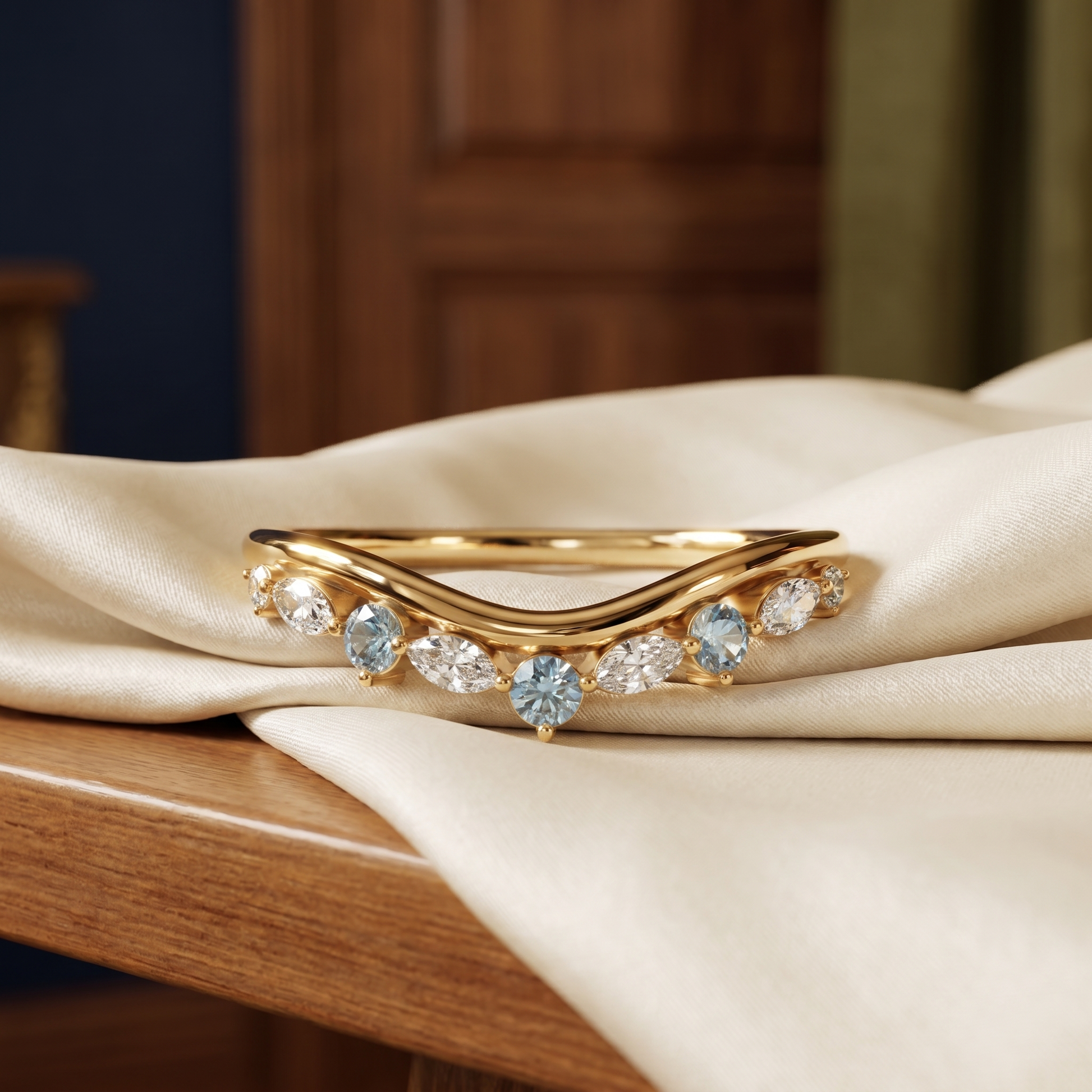 Aqua Arc Diamond Marquise Ring | Roomy's Jewellery