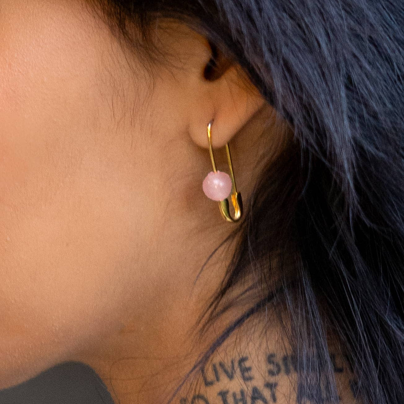 Roxy Safety Pin Hoop, Rose Quartz