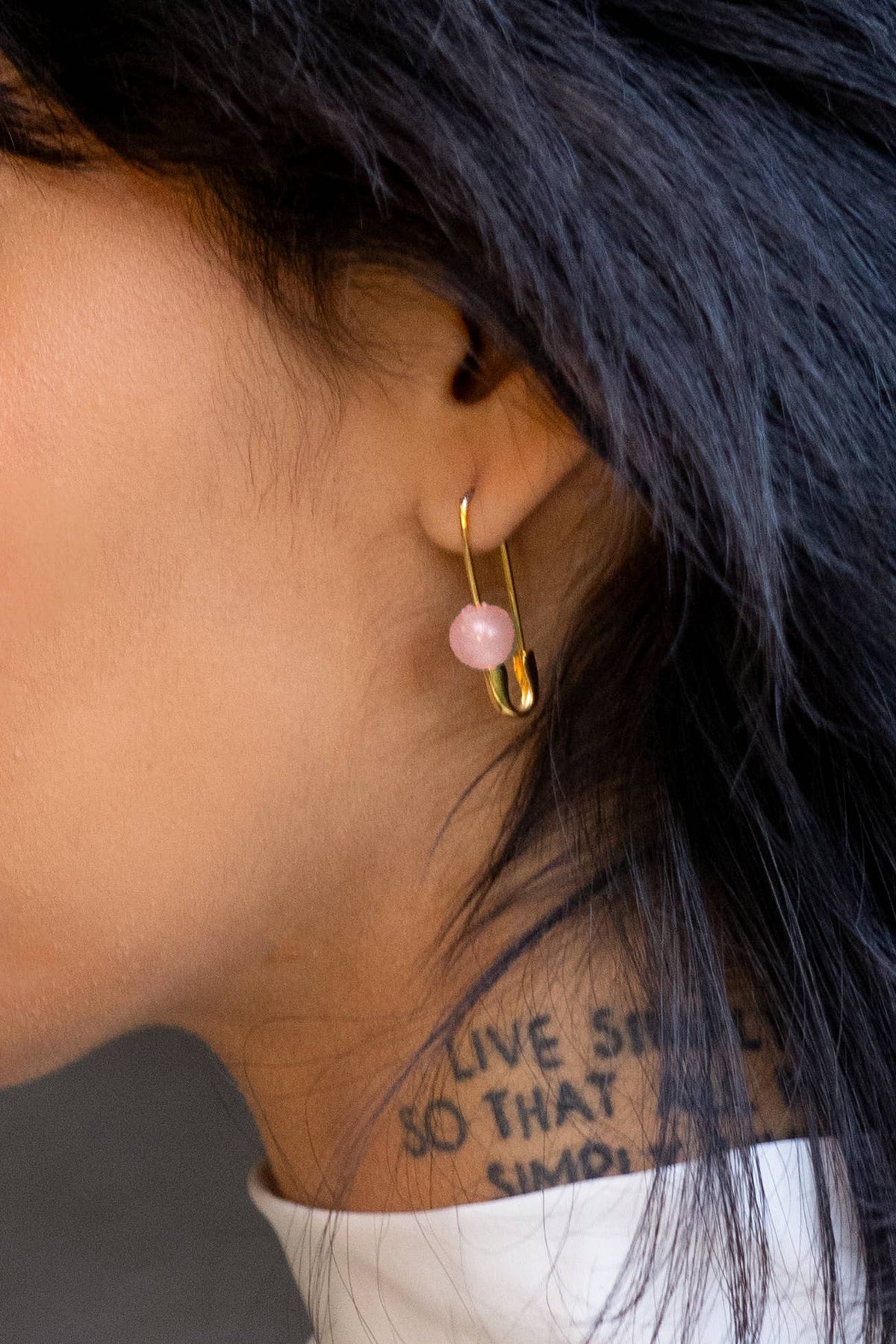 Roxy Safety Pin Hoop, Rose Quartz