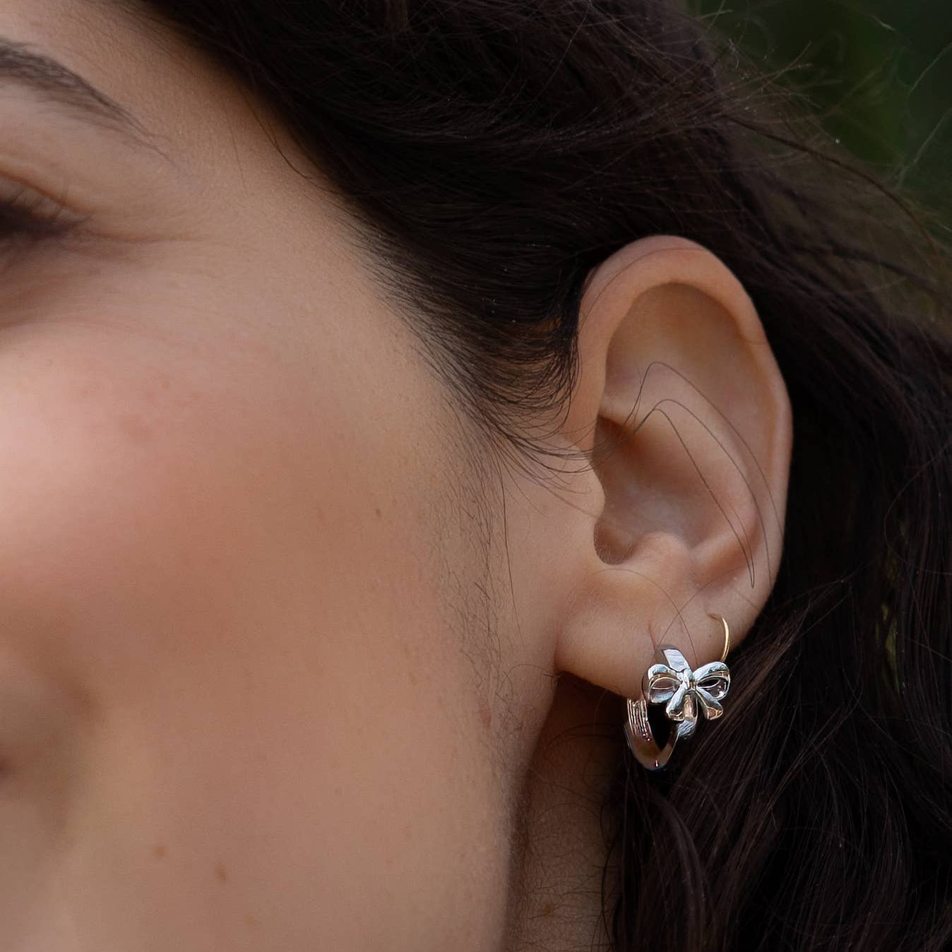 Bow and Tell Huggie Hoops, Platinum Plated