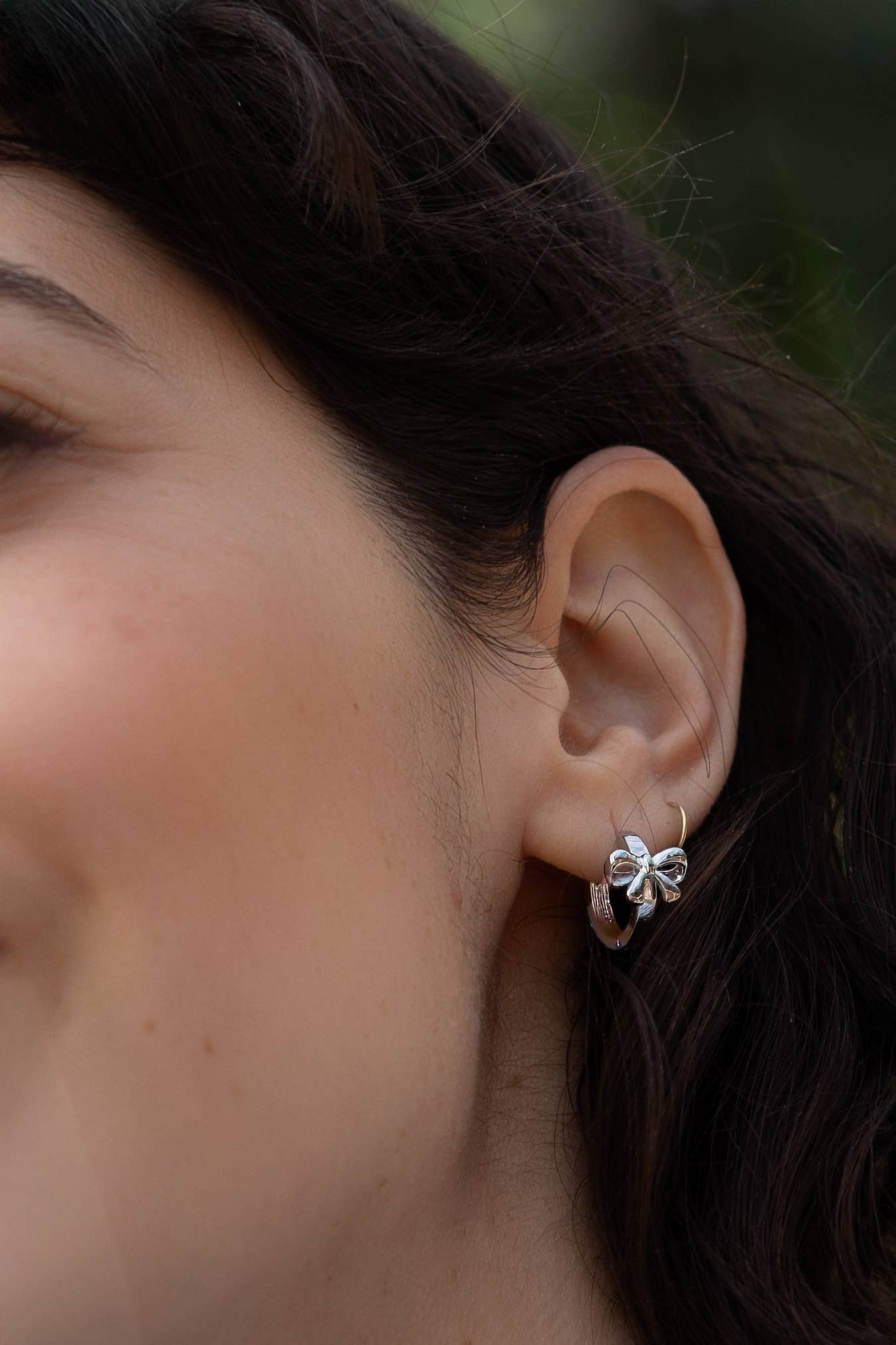Bow and Tell Huggie Hoops, Platinum Plated