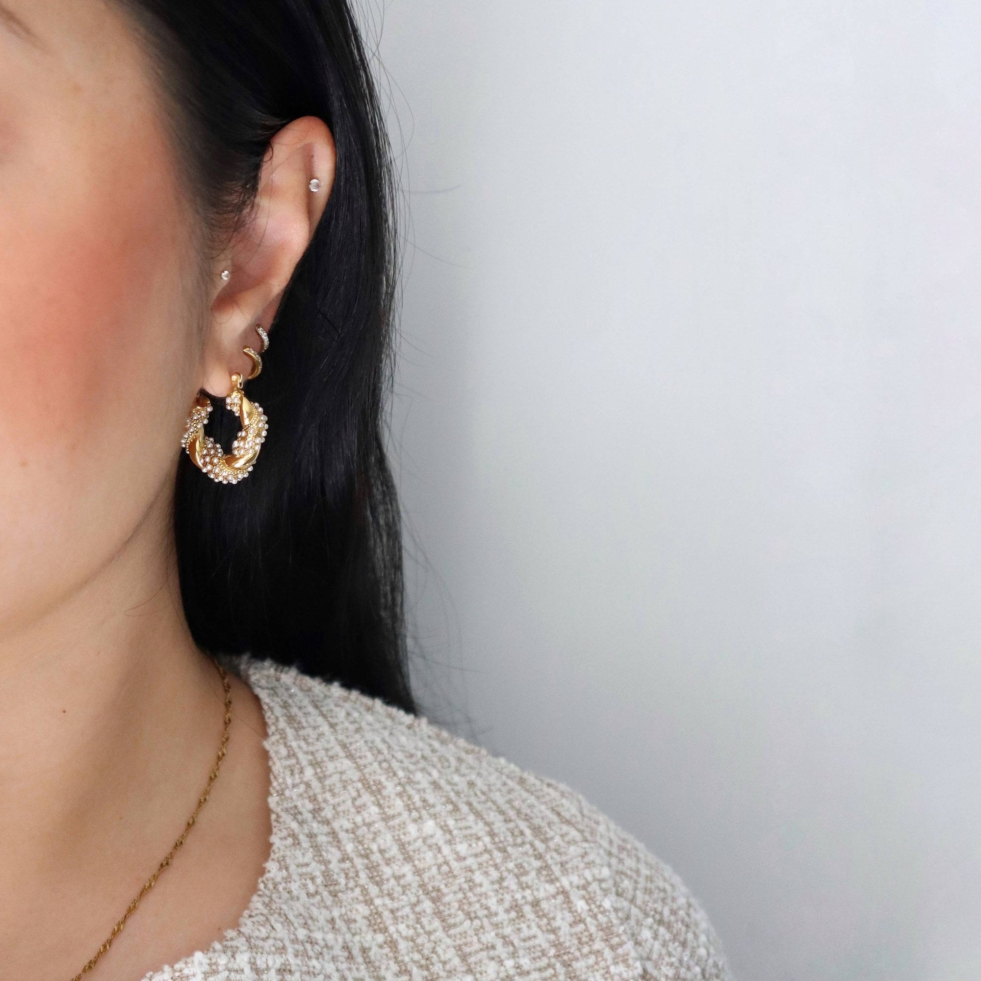 Twisted Faux Pearl Hoop Earrings, 18k gold plated