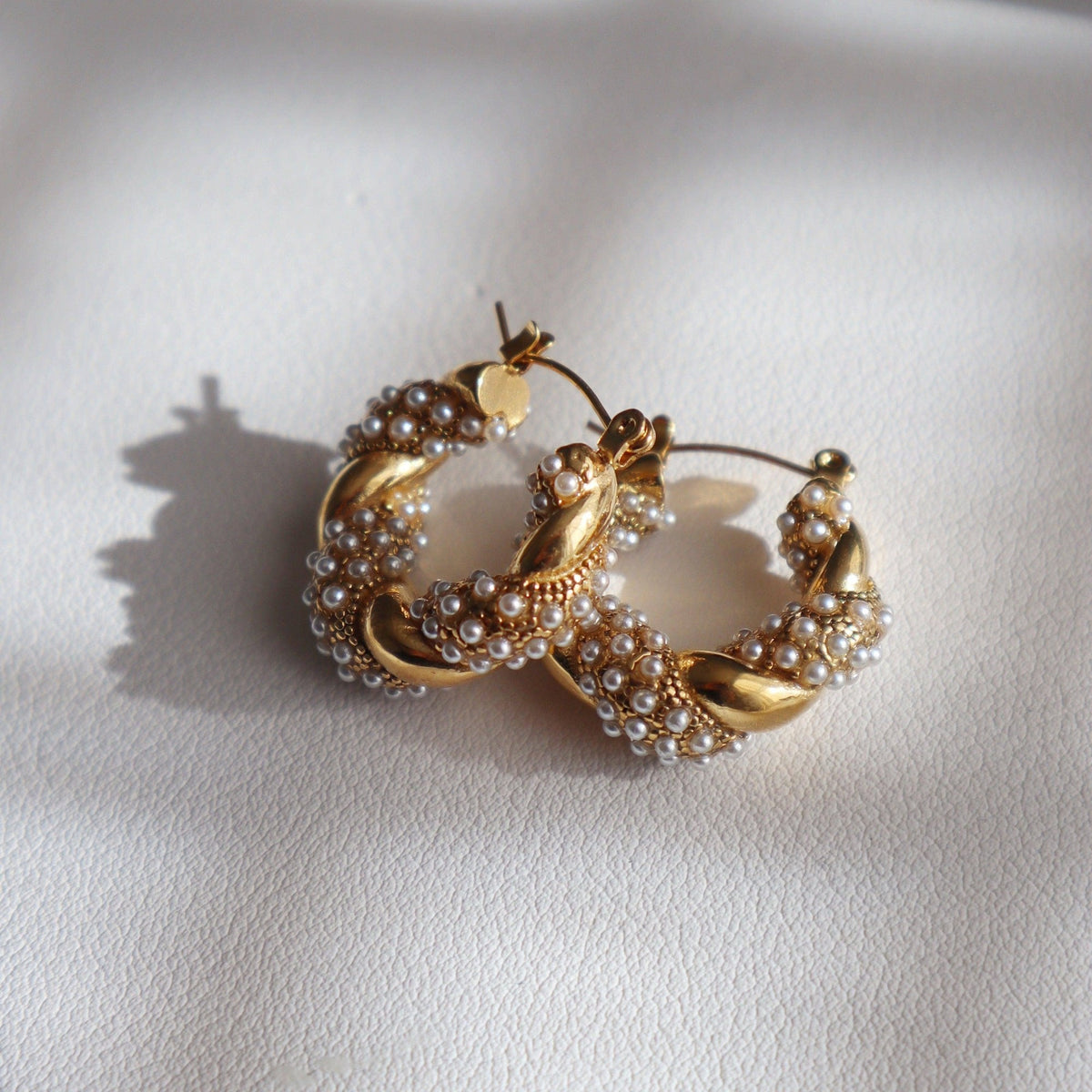Twisted Faux Pearl Hoop Earrings, 18k gold plated