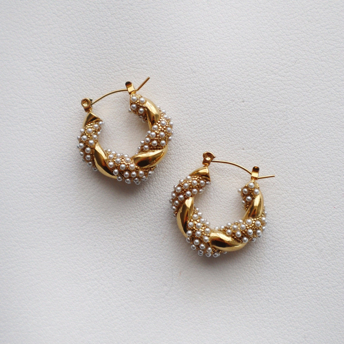 Twisted Faux Pearl Hoop Earrings, 18k gold plated