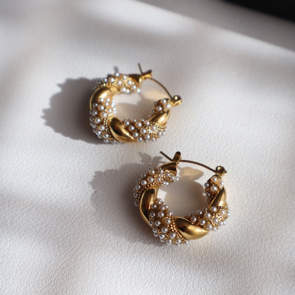 Twisted Faux Pearl Hoop Earrings, 18k gold plated