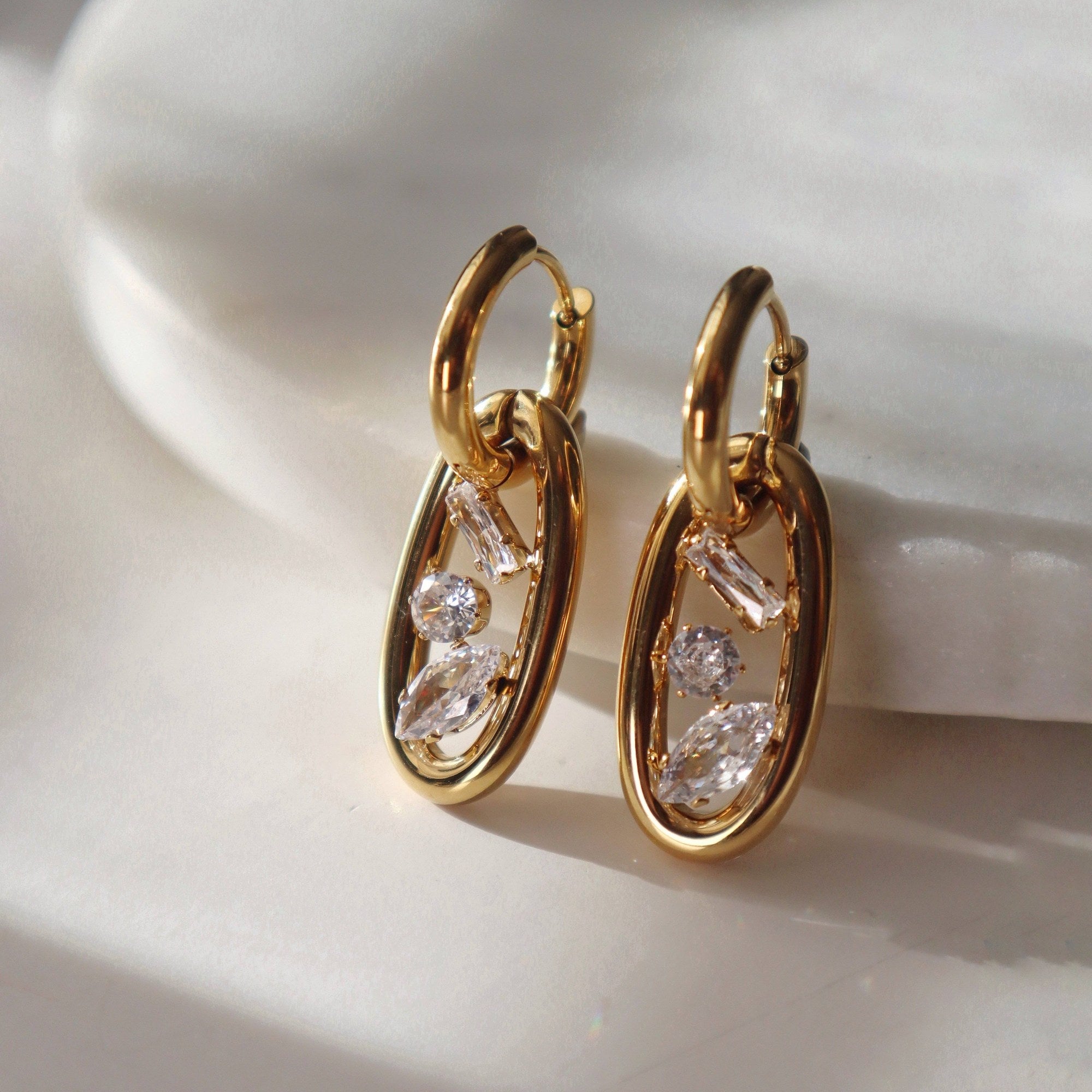 Oval Drop Hoop Earrings with Three CZ Stones, 18k gold plated
