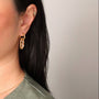Oval Drop Hoop Earrings with Three CZ Stones, 18k gold plated