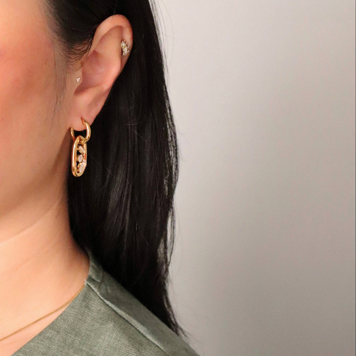 Oval Drop Hoop Earrings with Three CZ Stones, 18k gold plated