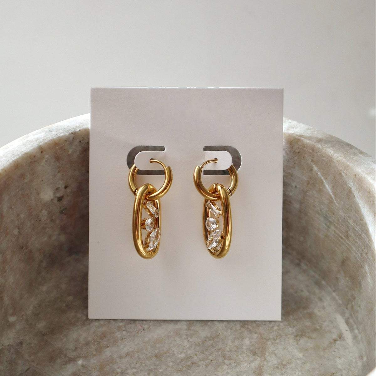 Oval Drop Hoop Earrings with Three CZ Stones, 18k gold plated
