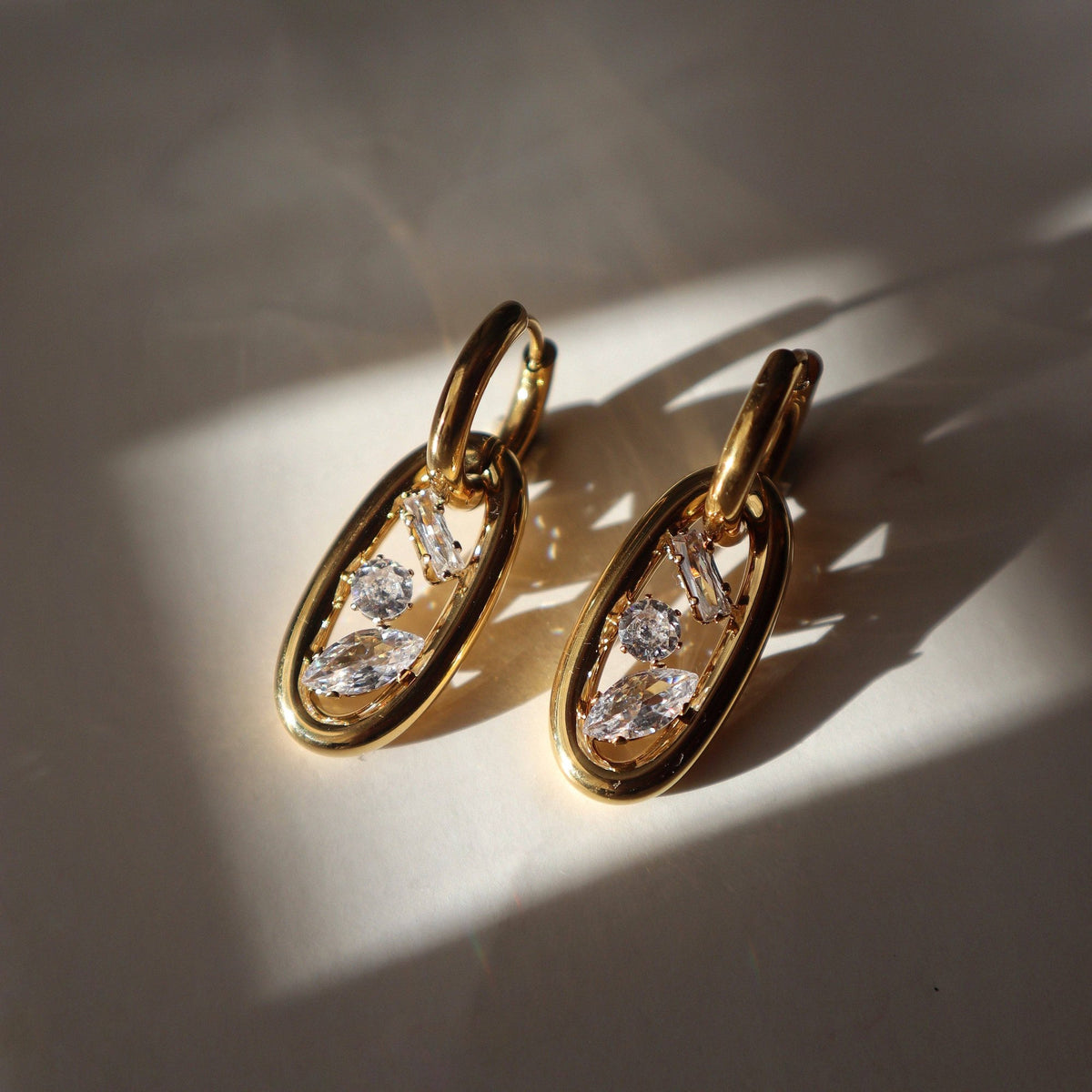 Oval Drop Hoop Earrings with Three CZ Stones, 18k gold plated