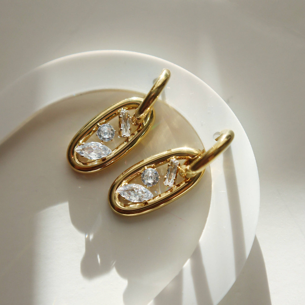 Oval Drop Hoop Earrings with Three CZ Stones, 18k gold plated