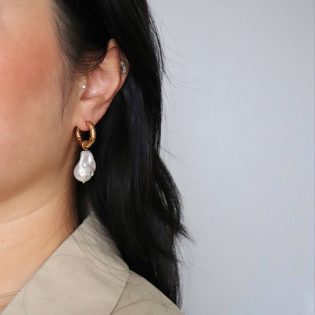 Faux Pearl Drop Huggie Hoops, 18k gold plated