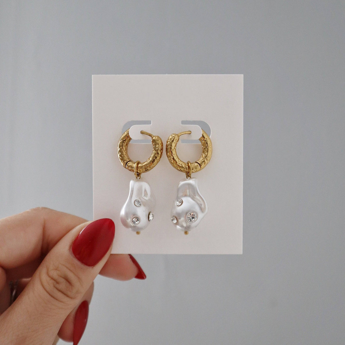 Faux Pearl Drop Huggie Hoops, 18k gold plated