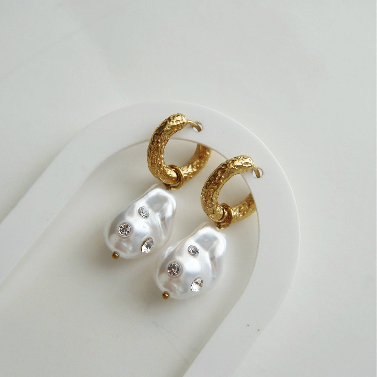 Faux Pearl Drop Huggie Hoops, 18k gold plated