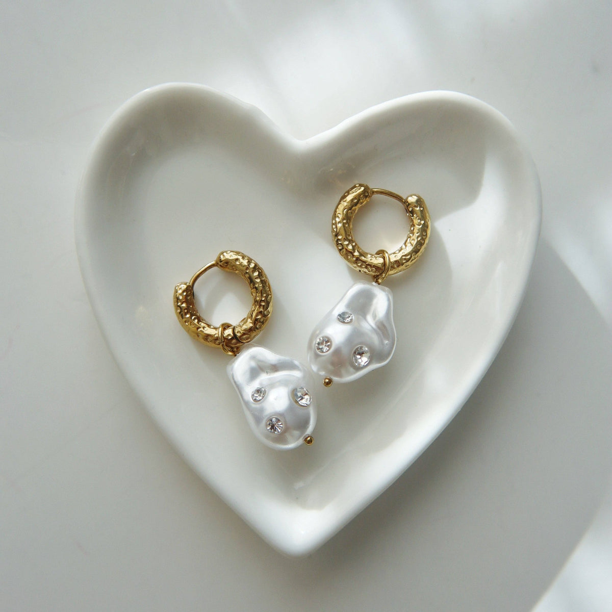 Faux Pearl Drop Huggie Hoops, 18k gold plated