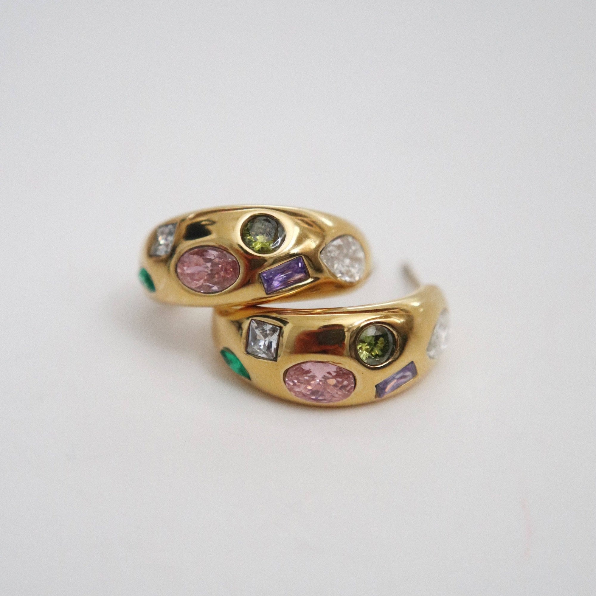 Multicolor Stone Hoop Earrings, gold plated