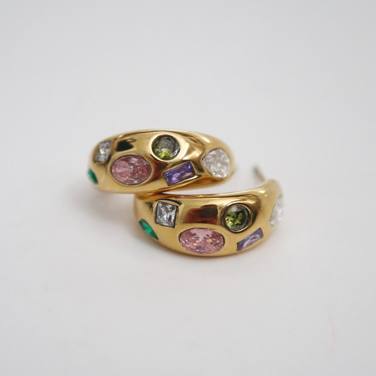Multicolor Stone Hoop Earrings, gold plated