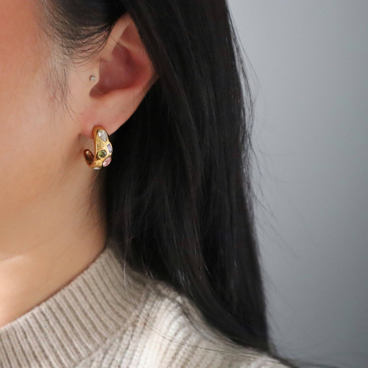 Multicolor Stone Hoop Earrings, gold plated