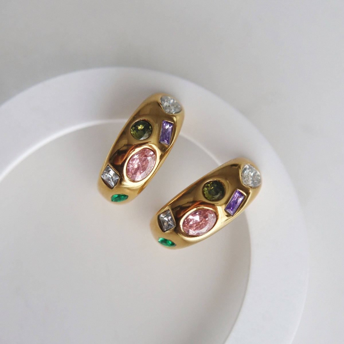 Multicolor Stone Hoop Earrings, gold plated